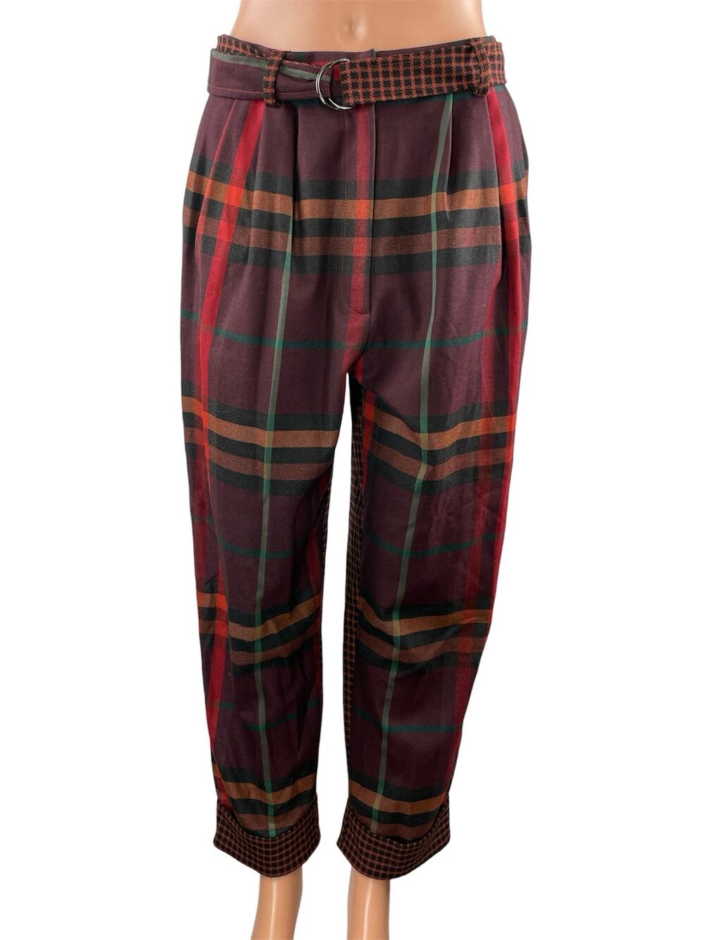 Topshop Women's Multicolor Plaid Check Pleated Belted Tapered Trouser Pants Sz 6